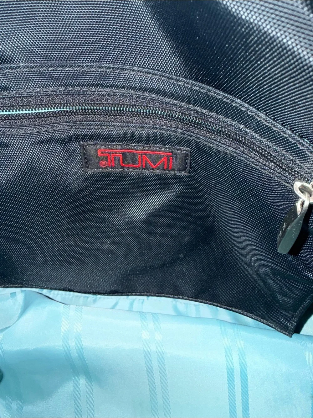Tumi Black Nylon Bag Multiple Pockets Blue Lining Leather Handles